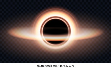 Black hole, vector illustration. Realistic image of space objects. Fiction and fantasy gravity of planets and stars. New discoveries and intergalactic travels.