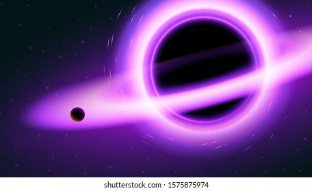 Black hole, vector illustration. Realistic image of space objects. Fiction and fantasy gravity of planets and stars. New discoveries and intergalactic travels.