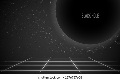 Black hole, vector illustration. Realistic image of space objects. Fiction and fantasy gravity of planets and stars. New discoveries and intergalactic travels.