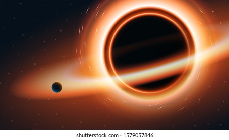 Black hole, vector illustration. Realistic image of space objects. Fiction and fantasy gravity of planets and stars. New discoveries and intergalactic travels.