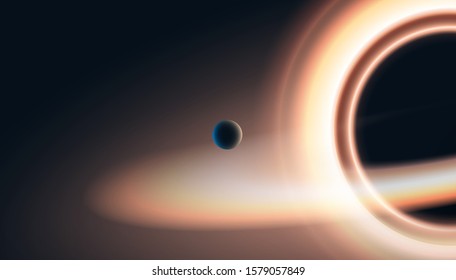 Black hole, vector illustration. Realistic image of space objects. Fiction and fantasy gravity of planets and stars. New discoveries and intergalactic travels.