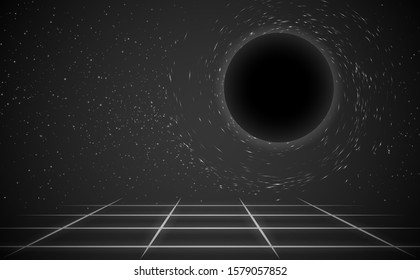 Black hole, vector illustration. Realistic image of space objects. Fiction and fantasy gravity of planets and stars. New discoveries and intergalactic travels.