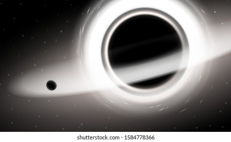 Black hole, vector illustration. Realistic image of space objects. Fiction and fantasy gravity of planets and stars. New discoveries and intergalactic travels.