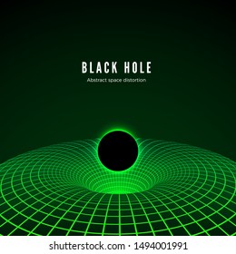 Black Hole visualisation. Illustration of deformation time and space in green colors. Destruction of matter by black hole. Vector illustration