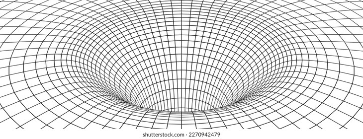 Schwarzes Loch, Wurmloch Raster. Linienführung von Weltraumwarp, Tunnel oder Portal. Abstrakter geometrischer Hintergrund der optischen Täuschung, des Wirbels oder des Treibers, Vektorgrafik