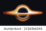 Black hole with yellow circle light effect vector illustration. Abstract bright lightning of wormhole with round energy rings and active neon trails in galaxy texture isolated on dark background