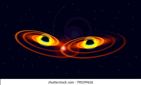 Black holes on collision course creating gravitational waves in the space around them. Massive space bodies moving in the center of a galaxy. Discovering the answer of dark and hidden space mysteries.