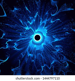 Black holes in the space. Abstract vector background with blue toned swirl and hole in center or collapsar isolated on black. . Astronomical illustration. Vector.