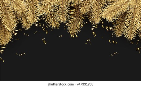 Black holiday background with spruce branches and golden serpentine. Vector illustration.
