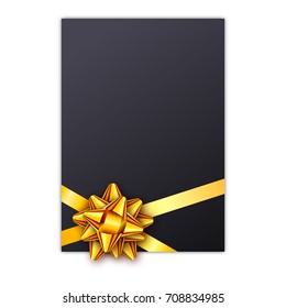 Black holiday gift card with golden ribbon and bow. Template for a business card, banner, poster, notebook, invitation. Vector illustration for your design