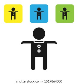 Black Holiday gingerbread man cookie icon isolated on white background. Cookie in shape of man with icing. Set icons colorful square buttons. Vector Illustration