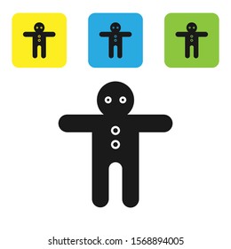 Black Holiday gingerbread man cookie icon isolated on white background. Cookie in shape of man with icing. Set icons colorful square buttons. Vector Illustration