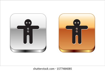 Black Holiday gingerbread man cookie icon isolated on white background. Cookie in shape of man with icing. Silver-gold square button. Vector Illustration