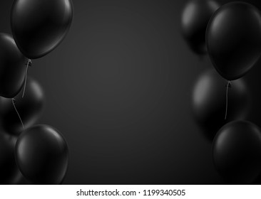 Black holiday poster with balloons. Festive monochrome decoration. Vector background.