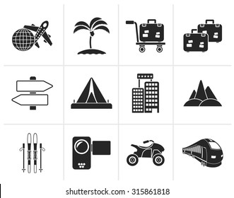 Black Holiday travel and transportation icons - vector icon set