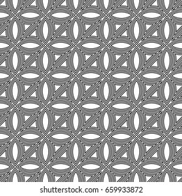 Black hollow figures tessellation on white background. Image with ovals and triangular blocks. Ethnic tiles motif. Seamless surface pattern design with circular ornament. Mosaic pavement wallpaper.