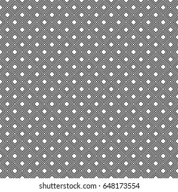 Black hollow rhombuses tessellation on white background. Seamless surface pattern design with diamonds ornament. Checkered wallpaper. Mosaic motif. Digital paper for textile print, page fill. Vector.
