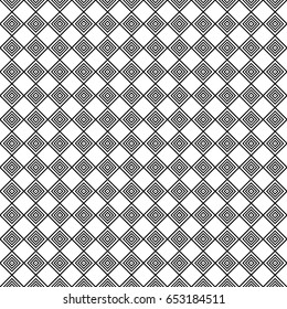 Black hollow rhombuses tessellation on white background. Seamless surface pattern design with diamonds ornament. Checkered wallpaper. Mosaic motif. Digital paper for textile print, page fill. Vector.