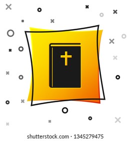Black Holy bible book icon isolated on white background. Yellow square button. Vector Illustration