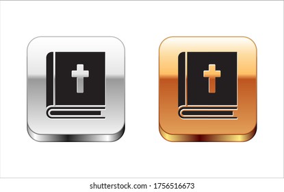 Black Holy bible book icon isolated on white background. Silver-gold square button. Vector Illustration