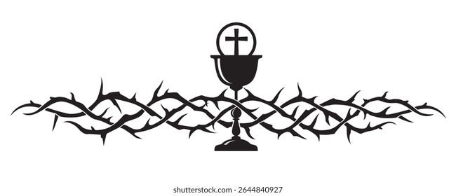 black holy communion icon with chalice and thorn crown isolated on white background