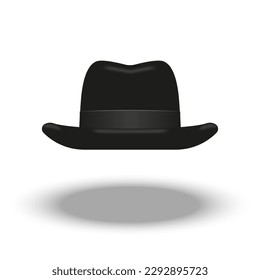 A black homburg hat of fur felt front view isolated on white background realistic 3d vector object, with single dent running down centre of the crown. Wide silk grosgrain hatband ribbon and flat brim.