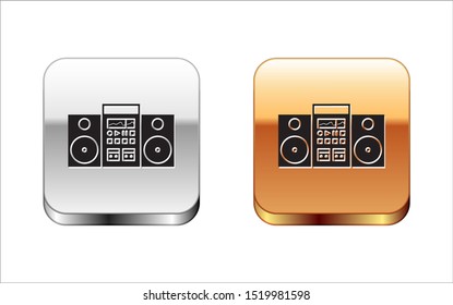 Black Home stereo with two speakers icon isolated on white background. Music system. Silver-gold square button. Vector Illustration