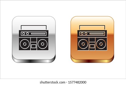 Black Home stereo with two speakers icon isolated on white background. Music system. Silver-gold square button. Vector Illustration