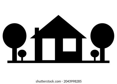 Black home. Trees near the house. Cottage in the village. Black silhouette of a house. Vector illustration. Stock image.