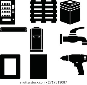 Black Home Utility e Industrial Objects Solid Icon Set Isolado no Fundo Branco
