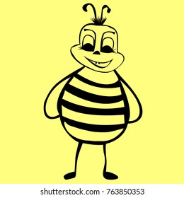Black honey bee isolated on yellow background. Cute insect for prints, cartoon, background, textile and book. Illustration for texts and comics. Funny honeybee doodle drawing artwork. 