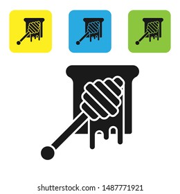 Black Honey dipper stick with dripping honey icon isolated on white background. Honey ladle. Set icons colorful square buttons. Vector Illustration