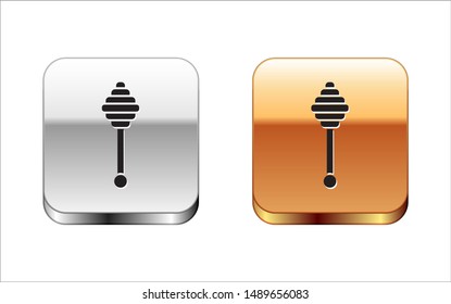 Black Honey dipper stick icon isolated on white background. Honey ladle. Silver-gold square button. Vector Illustration
