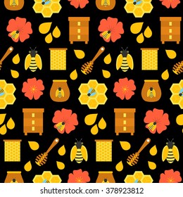 Black honey seamless texture. Vector illustration of apiculture and honey bee objects. 