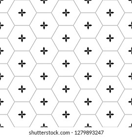 Black honeycomb graphic with cross seamless pattern over white. Vector and illustration