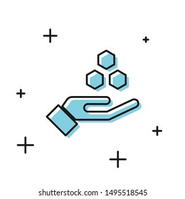 Black Honeycomb and hand icon isolated on white background. Honey cells symbol. Sweet natural food.  Vector Illustration