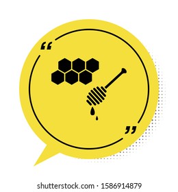 Black Honeycomb with honey dipper stickicon isolated on white background. Honey ladle. Honey cells symbol. Sweet natural food. Yellow speech bubble symbol. Vector Illustration