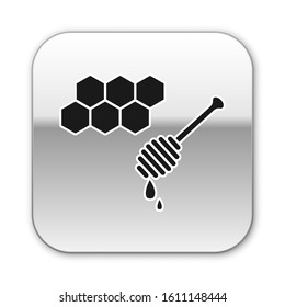 Black Honeycomb with honey dipper stickicon isolated on white background. Honey ladle. Honey cells symbol. Sweet natural food. Silver square button. Vector Illustration