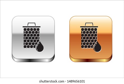 Black Honeycomb icon isolated on white background. Honey cells symbol. Sweet natural food. Silver-gold square button. Vector Illustration