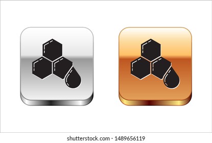Black Honeycomb icon isolated on white background. Honey cells symbol. Sweet natural food. Silver-gold square button. Vector Illustration