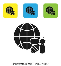 Black Honeycomb map of the world and bee icon isolated on white background. World bee day. Concept ecological event. Set icons colorful square buttons. Vector Illustration
