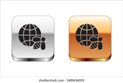Black Honeycomb map of the world and bee icon isolated on white background. World bee day. Concept ecological event. Silver-gold square button. Vector Illustration