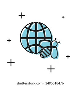 Black Honeycomb map of the world and bee icon isolated on white background. World bee day. Concept ecological event.  Vector Illustration