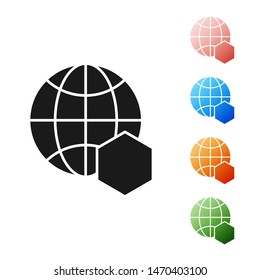 Black Honeycomb map of the world icon isolated on white background. World bee day. Concept ecological event. Set icons colorful. Vector Illustration
