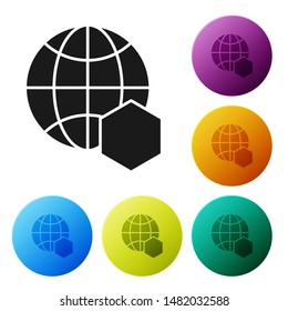 Black Honeycomb map of the world icon isolated on white background. World bee day. Concept ecological event. Set icons colorful circle buttons. Vector Illustration