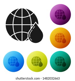 Black Honeycomb map of the world icon isolated on white background. World bee day. Concept ecological event. Set icons colorful circle buttons. Vector Illustration