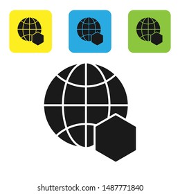 Black Honeycomb map of the world icon isolated on white background. World bee day. Concept ecological event. Set icons colorful square buttons. Vector Illustration