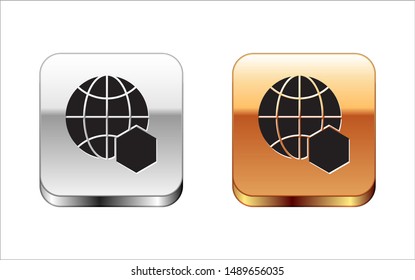 Black Honeycomb map of the world icon isolated on white background. World bee day. Concept ecological event. Silver-gold square button. Vector Illustration