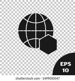 Black Honeycomb map of the world icon isolated on transparent background. World bee day. Concept ecological event.  Vector Illustration