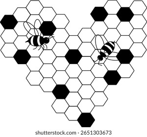 Black honeycomb set in shape of heart. Beehive element. composition. Vector graphic line illustration. Perfect for cards, decorations, stickers, logo, menu, various designs.
